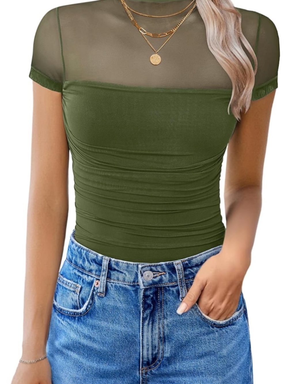 NWT Olive Green Sheer Yoke Fitted Women's Bodysuit XS K69